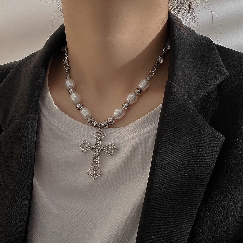 Mutiara Perak Kalung Y2K Zirkon Liontin Salib Kalung Untuk Wanita Fashion Perhiasan Aksesoris