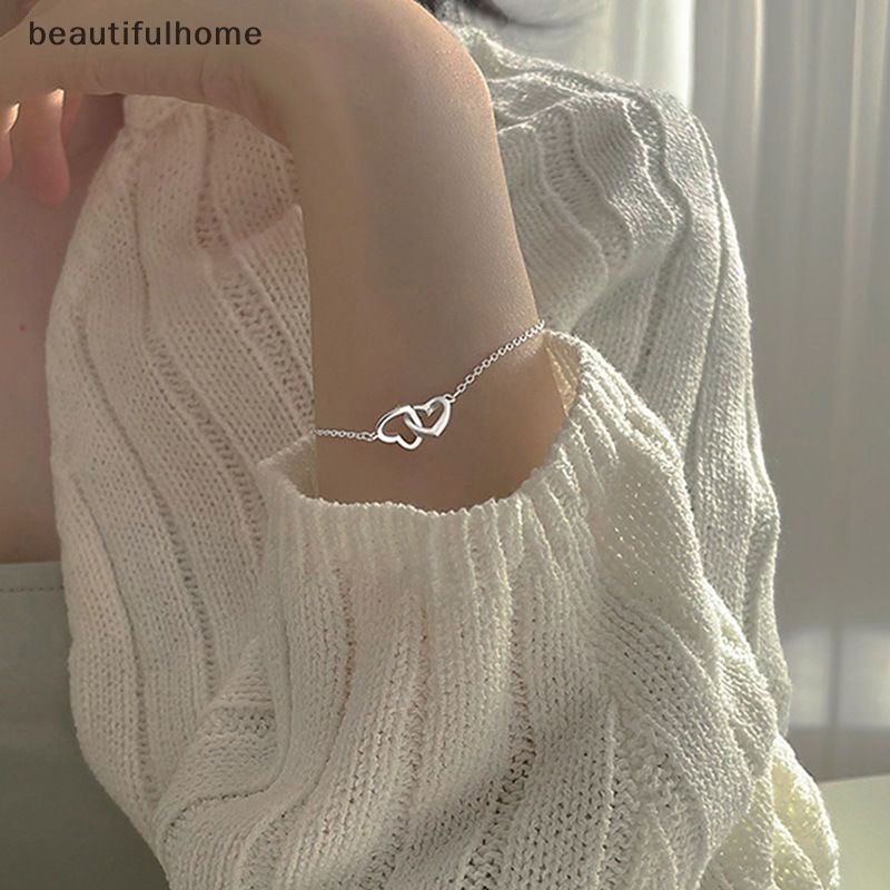 {beautifulhome} Baru Wanita Elegan Ganda Hati Tergantung Gelang Vintage Rantai Berongga Pergelangan Tangan Gelang Untuk Perempuan Tangan Perhiasan.