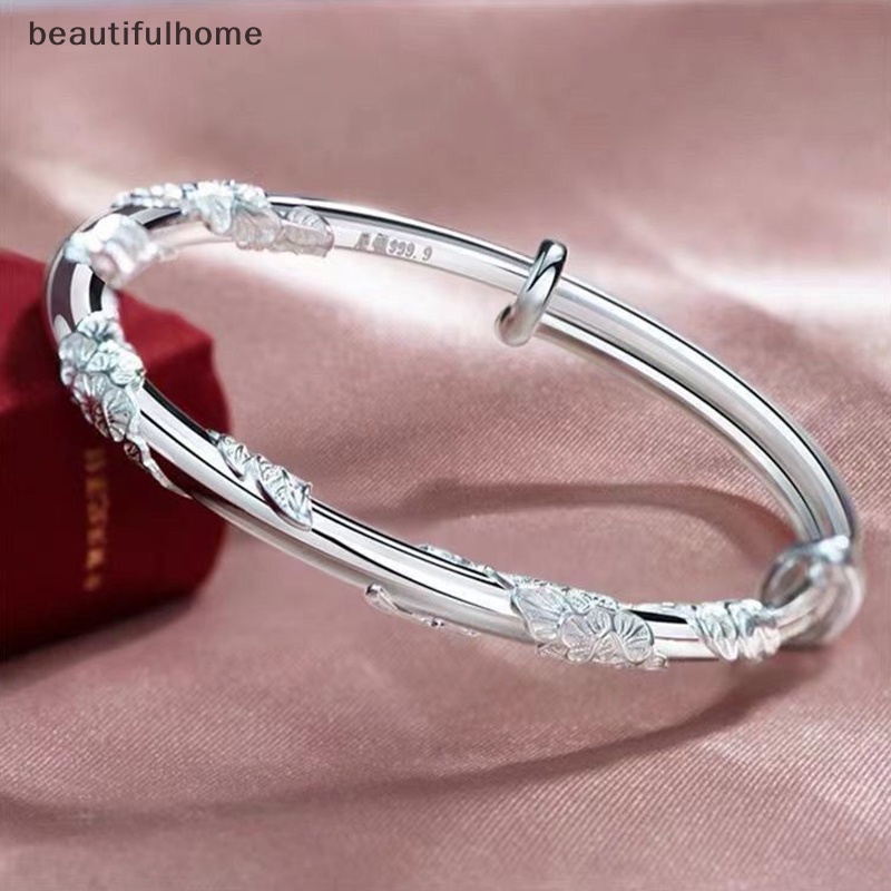 {beautifulhome} 1pc Perak Wanita Penuh-blown Bunga Gelang Halus Dan Ringan Terbuka Dapat Disesuaikan Gelang Padat Fashion Gelang Perhiasan Perak.