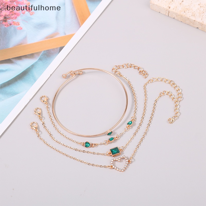 {beautifulhome} 4pcs/set Bertatahkan Batu Permata Hijau Gelang Set Perhiasan Untuk Wanita Gadis Jantung Gelang Pernikahan Pertunangan Gelang Fashion Pesta Perhiasan Hadiah.