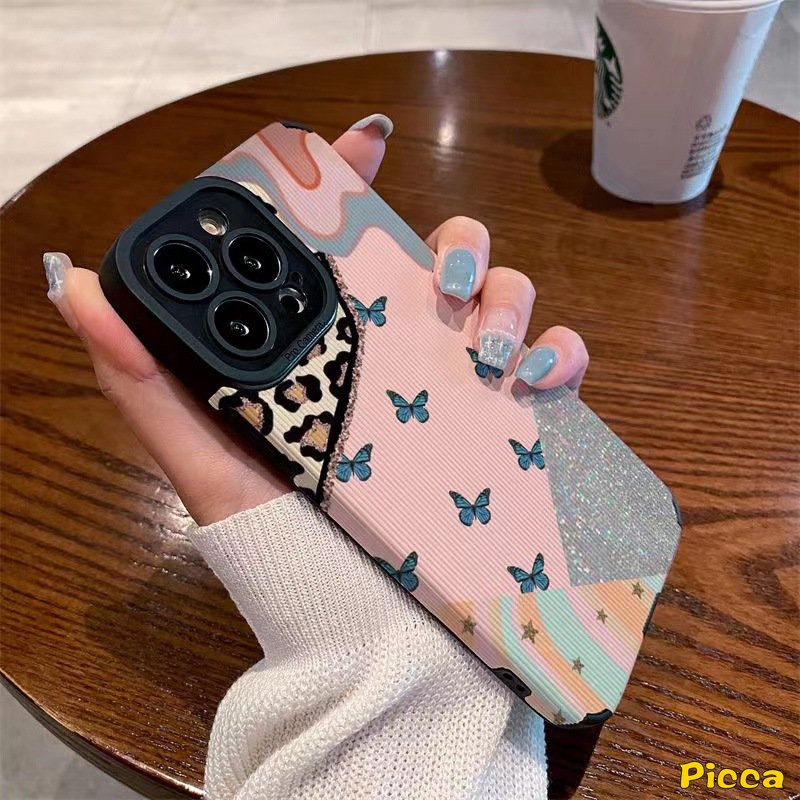 IPHONE Casing Jahitan Kontras Leopard Merek Trendi Kompatibel Untuk Iphone11 13 12 14 Pro MAX XR 7 8 Plus X XS MAX 7Plus Cinta Hati Tekstur Kulit Shockproof Cover