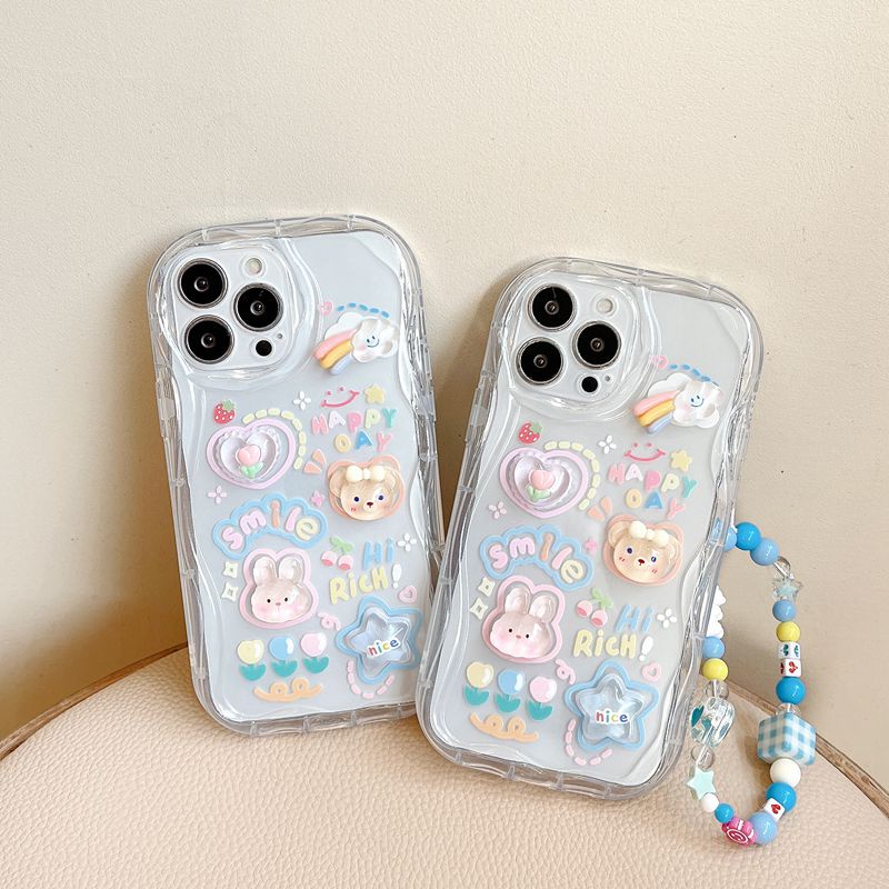 3D Clear Crystal Hand Made Diy Cute Cream Rabbit Bear Flower Soft Case IPhone 11 12 13 14 Pro Max New Apple for Women Girls Gift Bracelet Airbag Case