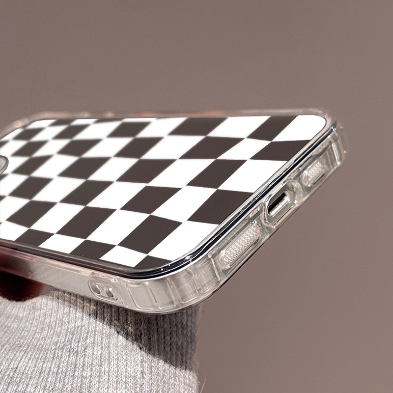 IPHONE Casing Ponsel Cermin Kotak-Kotak Sederhana Kompatibel Untuk Iphone11 12 13 14 12Pro 13Pro 14Pro Pro Max XR X XS Max Electroplating Tombol Perlindungan Mirror Cover