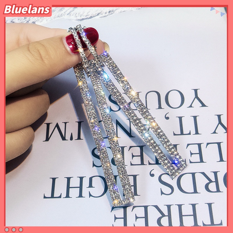 [BLS] Anting Persegi Panjang Geometris Berongga Kristal Korea Panjang Bertatahkan Berlian