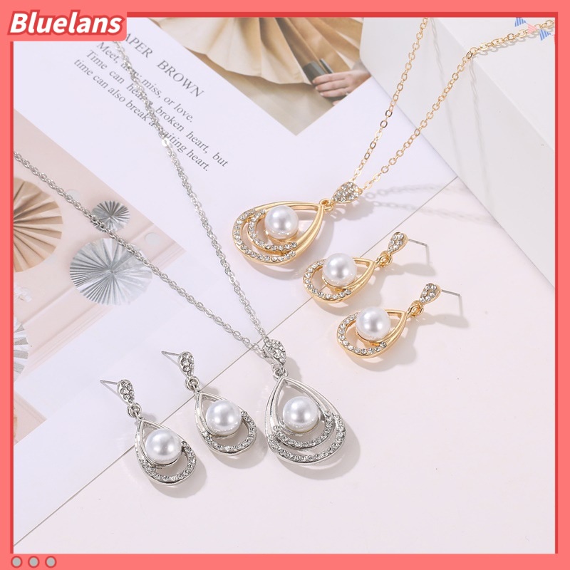 [BLS] Temperamen Bertabur Berlian Berongga Berbentuk drop Kalung Dan Anting set Dua Potong