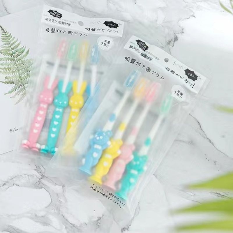 AMSELLER - Sikat Gigi Anak 1 SET 4 PCS Extra Soft Tavel  / Toothbrush Double Care Sikat Gigi Halus &amp; Lembut Karakter Kelinci Beruang Import