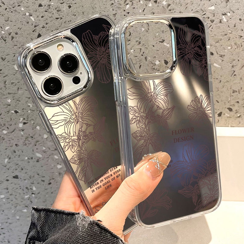 IPHONE Line Flower Design Mirror Phone Case Kompatibel Untuk Iphone11 12 13 14 12Pro 13Pro 14Pro Pro Max XR X XS Max Electroplating Tombol Perlindungan Mirror Cover