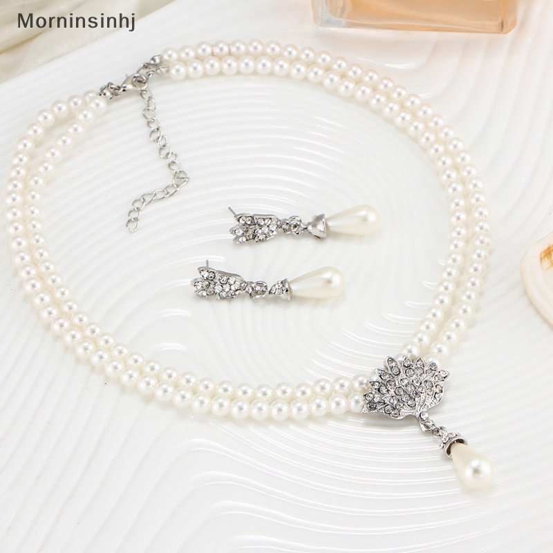 Mornin Elegan Simulasi-Mutiara Set Perhiasan Pengantin Berlian Imitasi Pearl Drop Kalung+Anting Pernikahan Perhiasan Hadiah id