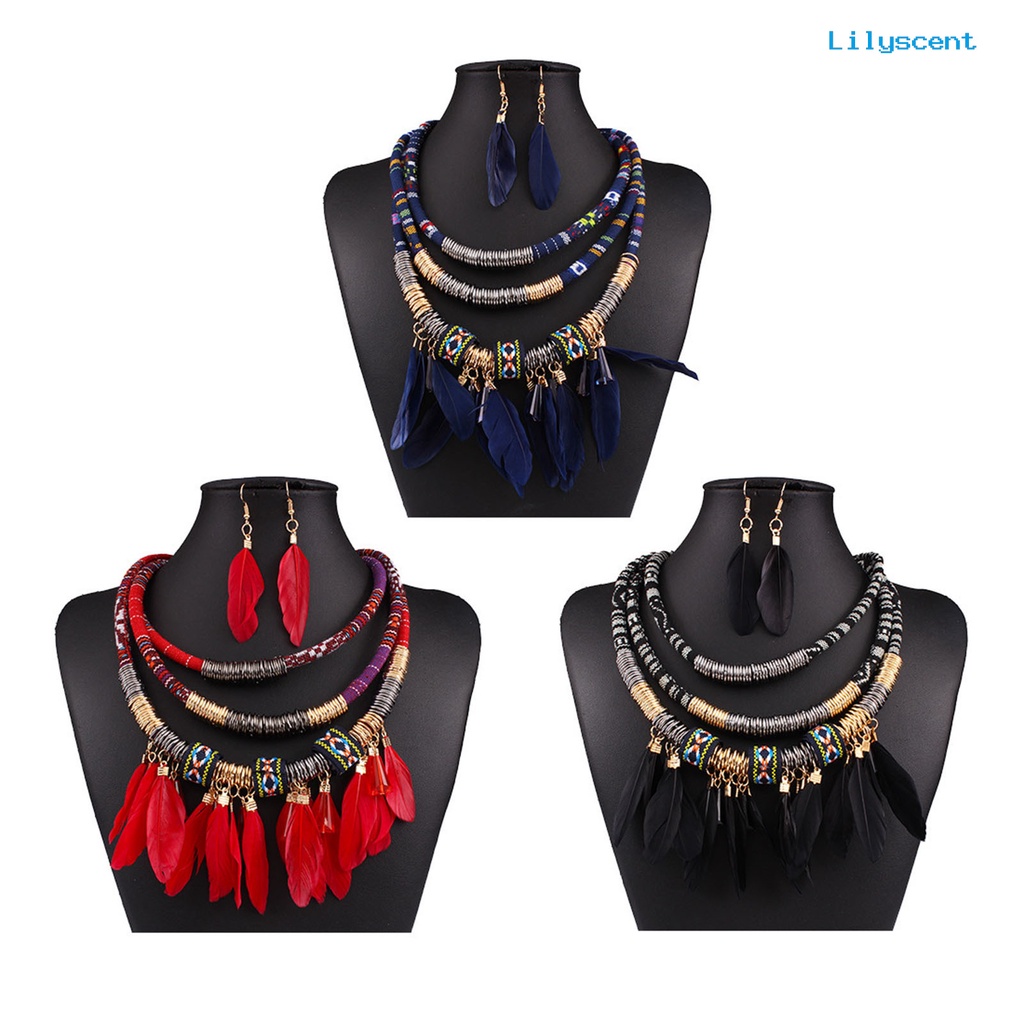 [LS]2Pcs /Set Bulu Rumbai Kalung Anting Set Multilayer Alloy Bohemian Etnik Perhiasan Set Perhiasan Aksesori