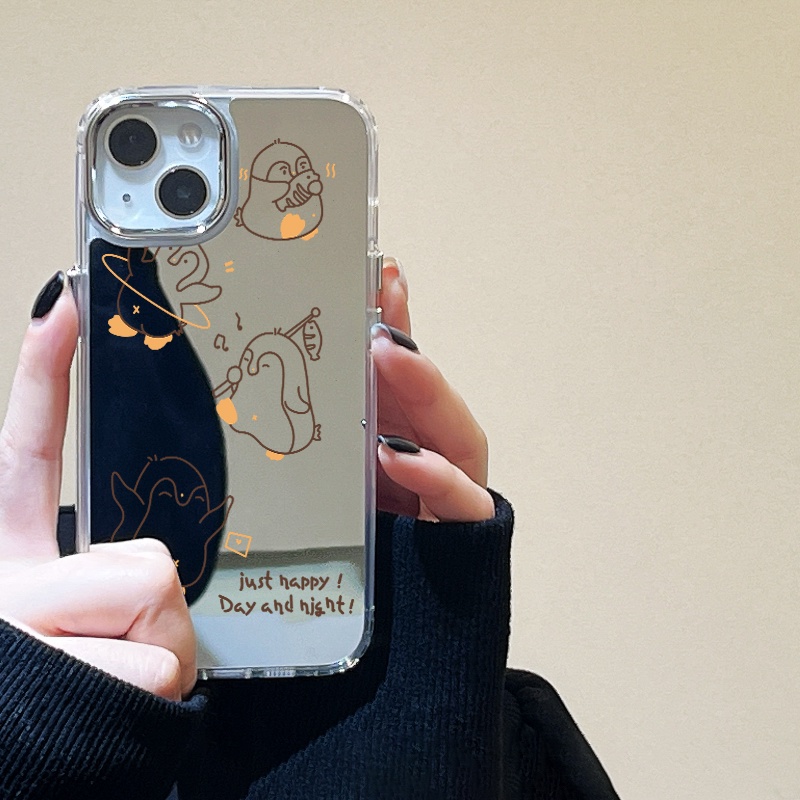 IPHONE Casing Ponsel Cermin Penguin Happy Kompatibel Untuk Iphone11 12 13 14 12Pro 13Pro 14Pro Pro Max XR X XS Max Electroplating Tombol Perlindungan Mirror Cover