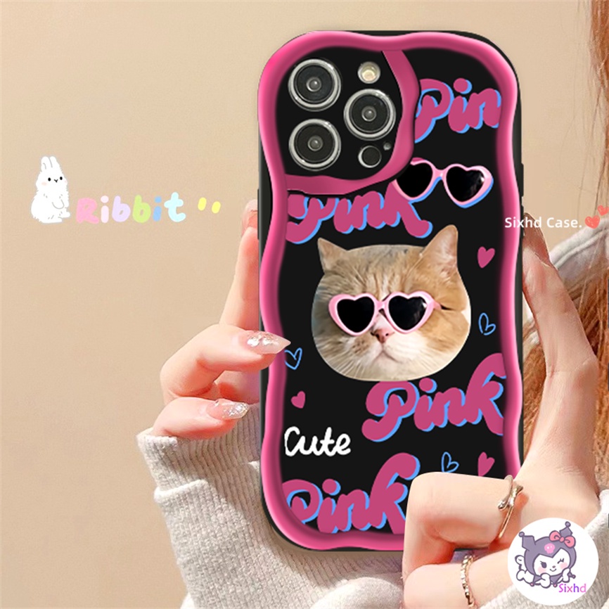 IPHONE Kompatibel Untuk Iphone14 13 12 11 Pro Max SE2020 X Xr Xs Max 8 7 6 6s Plus Kartun Lucu Kacamata Hitam Kucing 3D Tepi Melengkung Gelombang Glossy Shockproof Phone Case Soft Cover