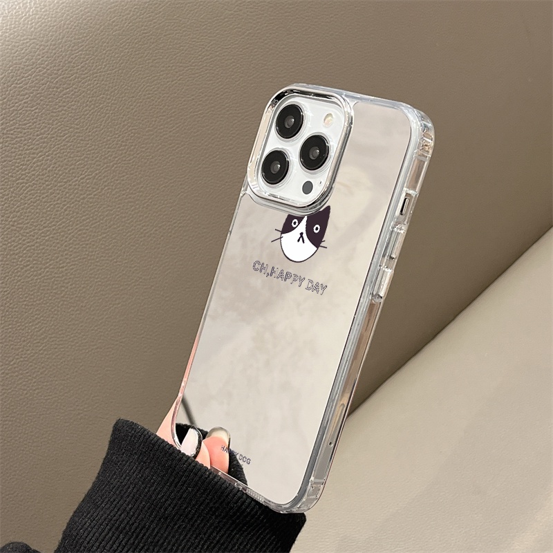 IPHONE Casing Ponsel Cermin Kucing Sederhana Kompatibel Untuk Iphone11 12 13 14 12Pro 13Pro 14Pro Pro Max XR X XS Max Electroplating Tombol Perlindungan Mirror Cover