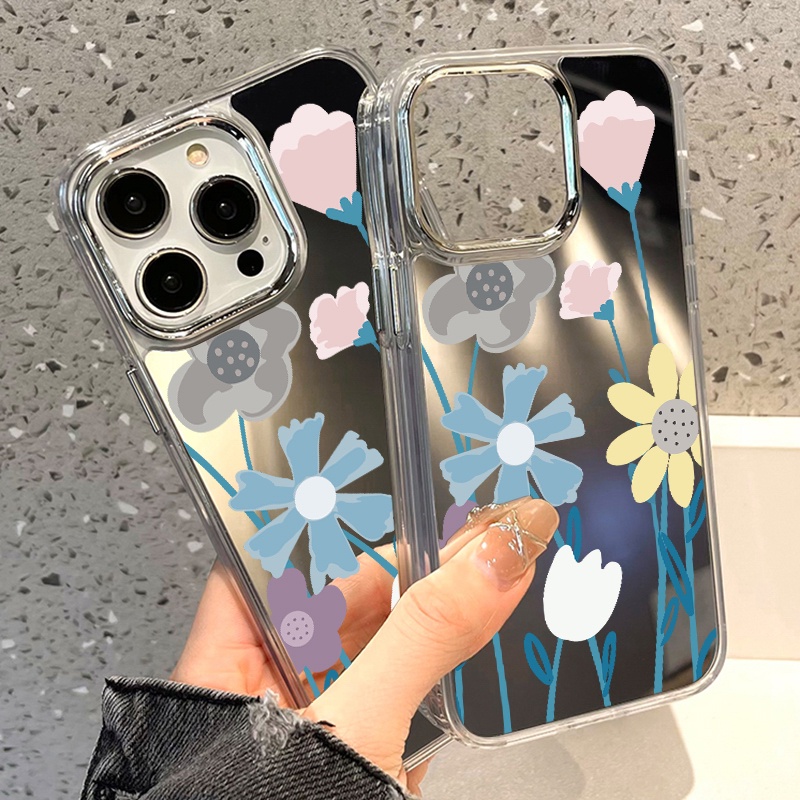 IPHONE Casing Ponsel Cermin Bunga Warna-Warni Kompatibel Untuk Iphone11 12 13 14 12Pro 13Pro 14Pro Pro Max XR X XS Max Electroplating Tombol Perlindungan Mirror Cover