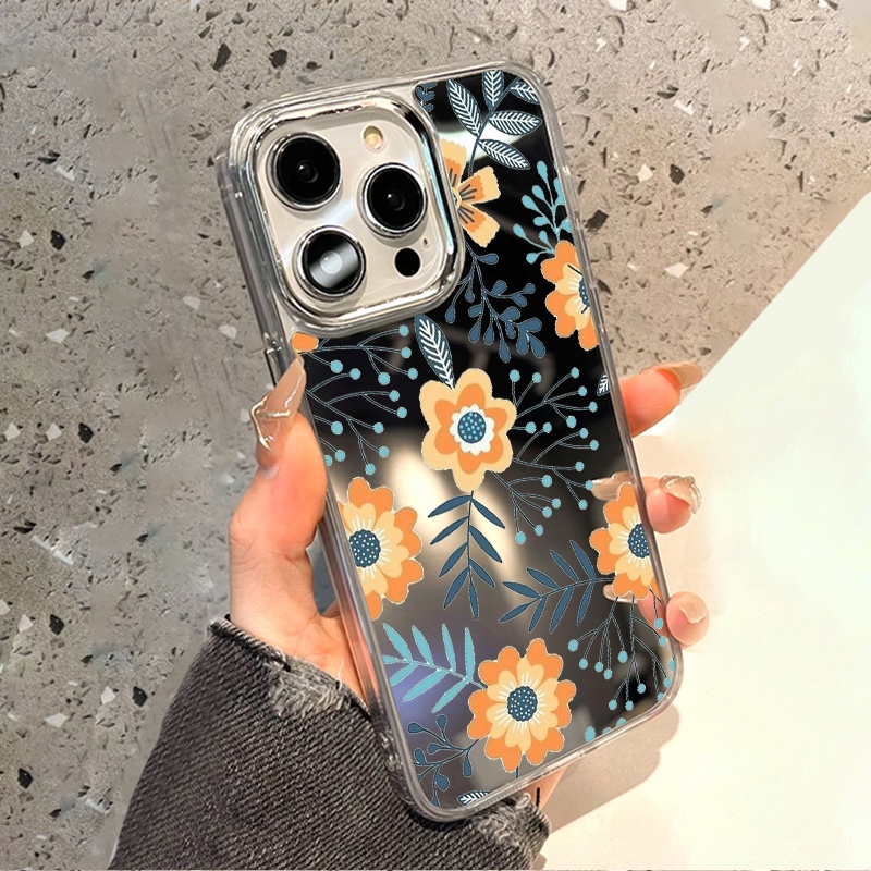 IPHONE Lukisan Bunga Cermin Ponsel Case Kompatibel Untuk Iphone11 12 13 14 12Pro 13Pro 14Pro Pro Max XR X XS Max Electroplating Tombol Perlindungan Mirror Cover