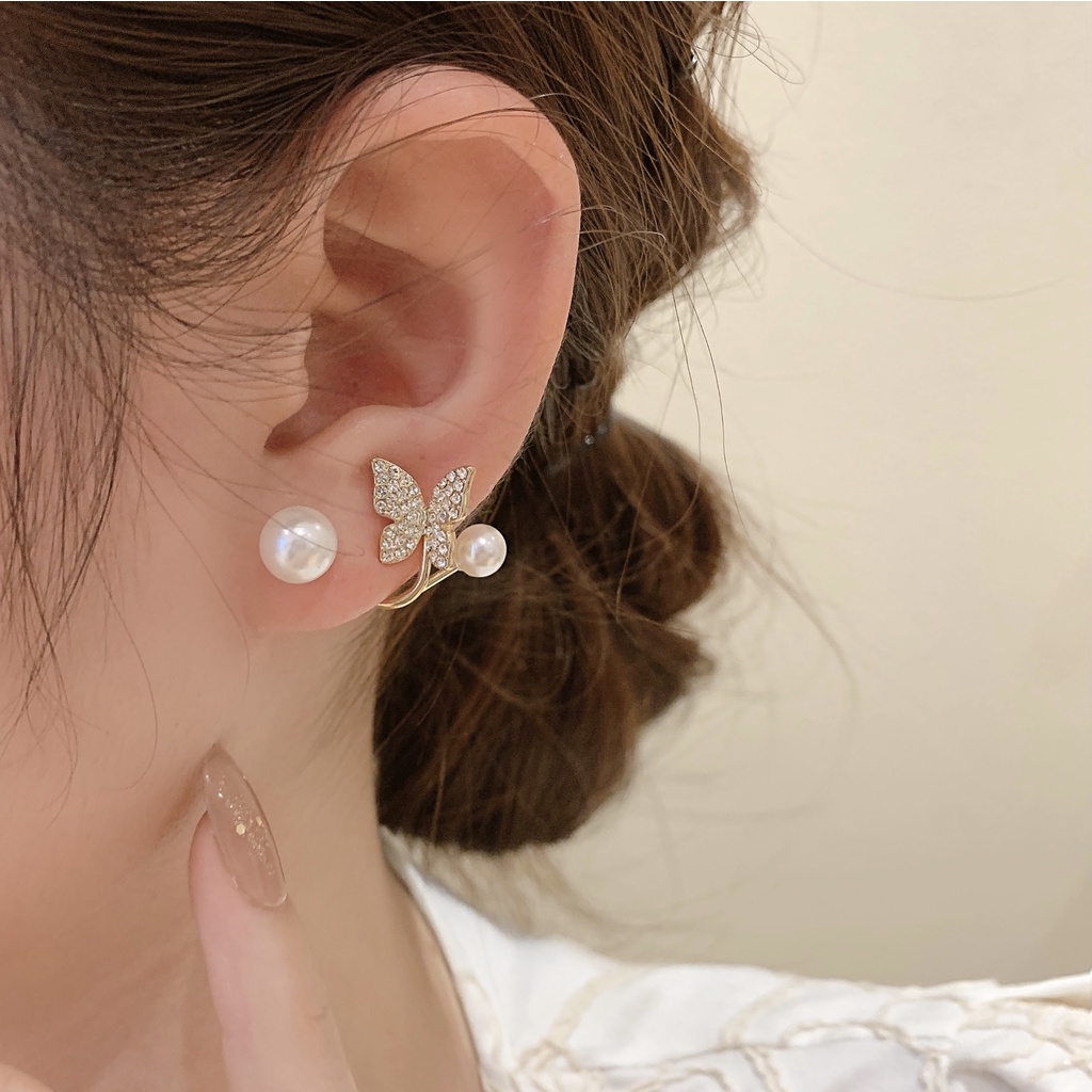 Korea INS Zirkon Kupu-Kupu Stud Earrings Fashion Gadis Elegan Simulasi Mutiara Berlian Imitasi Anting Pernikahan Perhiasan Aksesoris Pesta