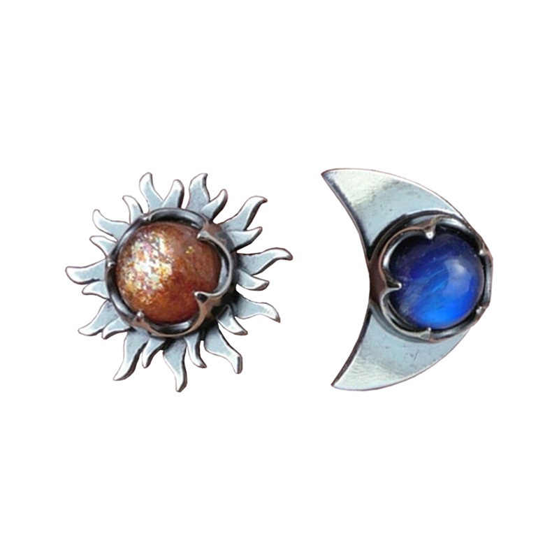 Vintage Sun And Moon Stud Earrings Bohemian Moonstone Perak Menjuntai Anting Untuk Wanita Fashion Perhiasan Aksesoris