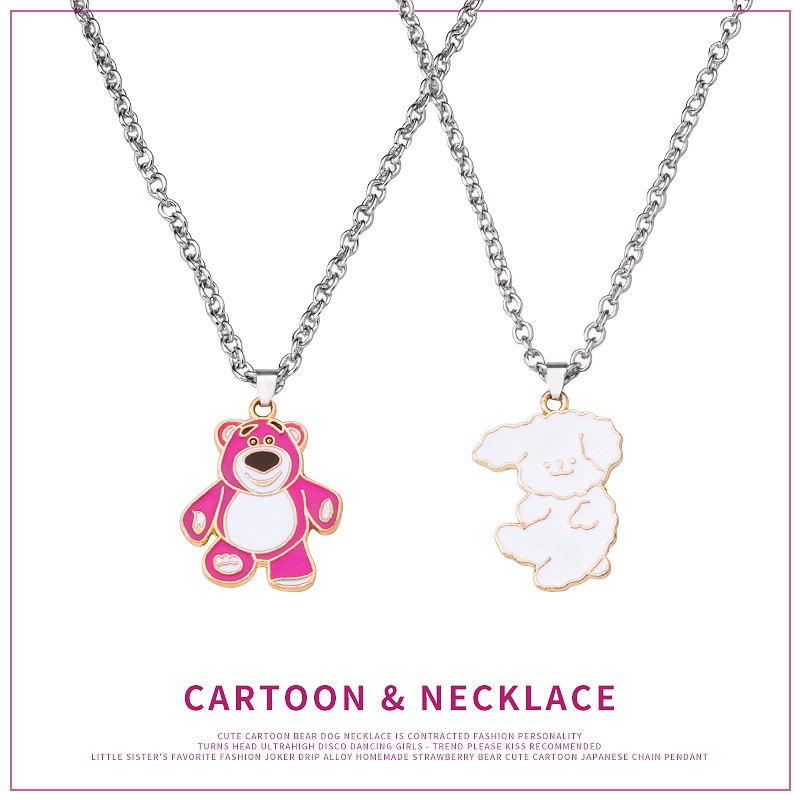 Kartun Lucu Strawberry Bear Kalung Epoxy Kalung Disc Trendi ins Pasangan Segar Gadis Jepang Liontin