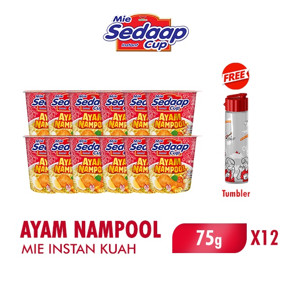 SEDAAP Mie Instan Cup Ayam Nampool 75gr x12 Free Botol Minum