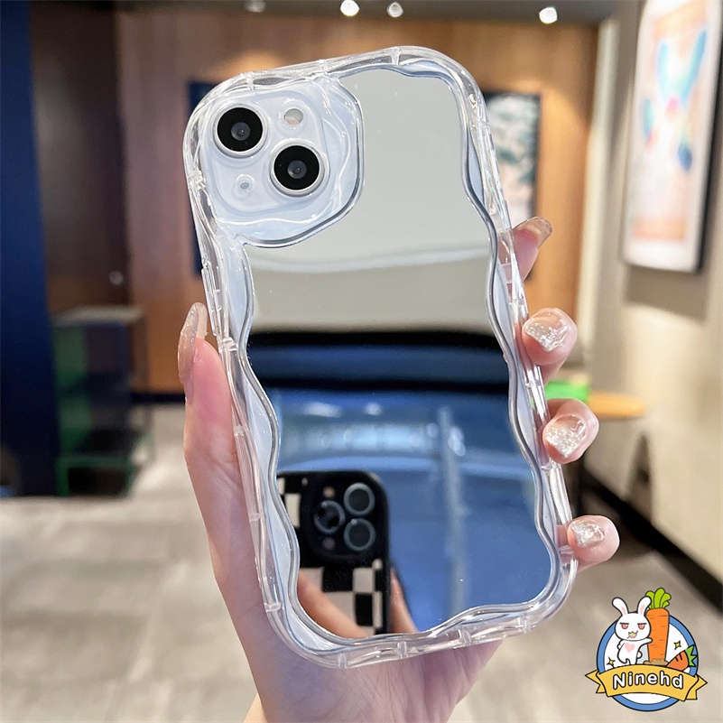 IPHONE 3d Cream Wavy Edge Makeup Mirror Phone Case Kompatibel Untuk Iphone14 13 12 11 Pro Max X Xr Xs Max8 7 6 6s Plus SE 2020 Perlindungan Kamera Anti Gores Silikon Lembut TPU Penutup Belakang