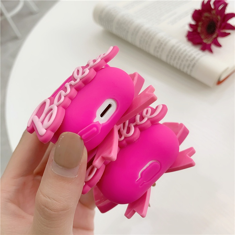 Cartoon Cute Barbie Bow Headset Protective Case Compatible for Apple Airpods 1 2 3 Pro 2 Soft Shell with Keychain