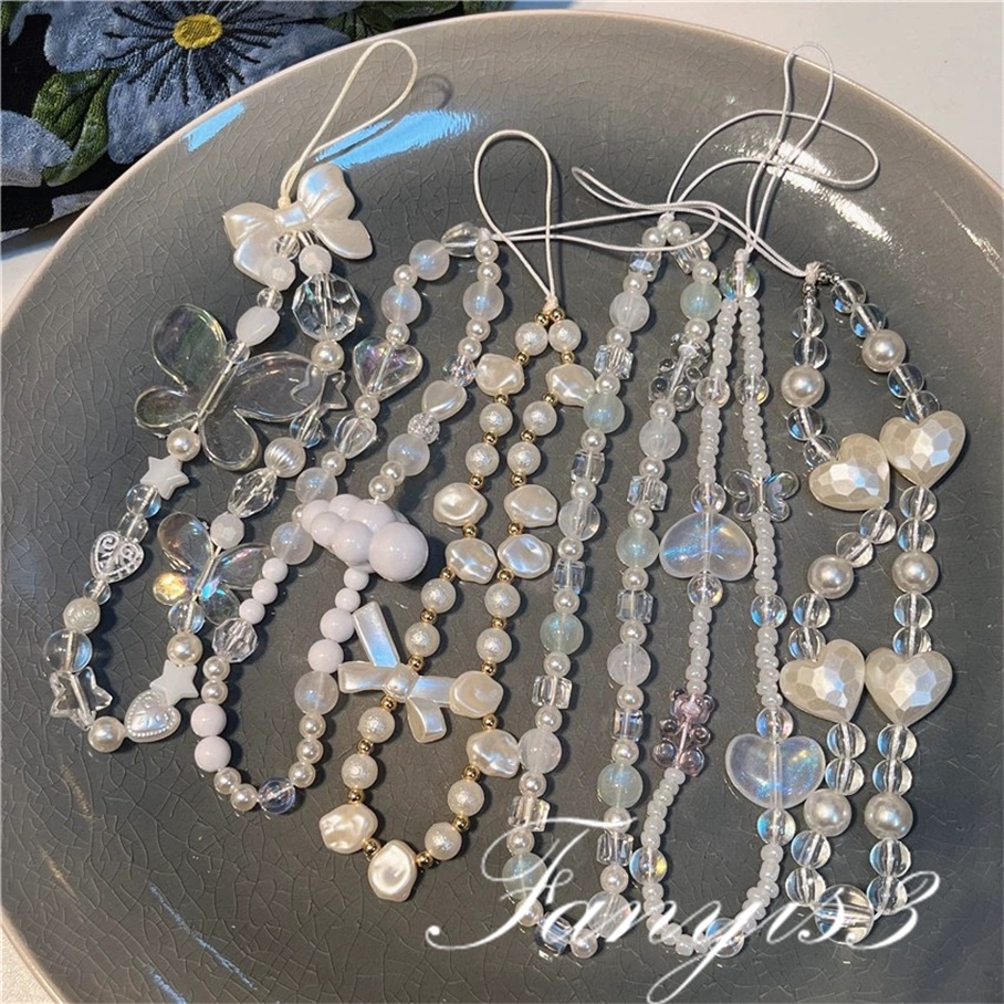 Elegant White Beaded Bow Knot Love Flower Mobile Phone Case Chain Anti-Lost Soft Pottery Lanyard Pearl Acrylic Bead Colorful Portable Wrist Strap Rope Pendant