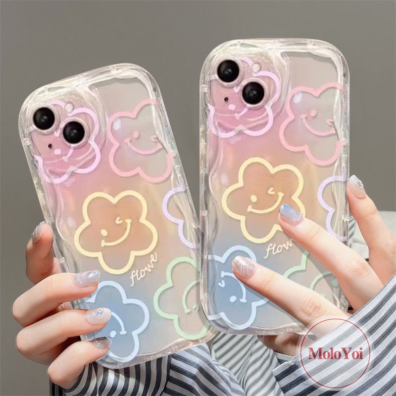 Cartoon Smiley Fresh Flowers Holder Bracket Case Compatible for IPhone 7 6 8 6s Plus XR X XS Max 11 14 13 12 Pro Max SE 2020 3D Wavy Curved Edge INS Korean Colorful Graffiti Cover