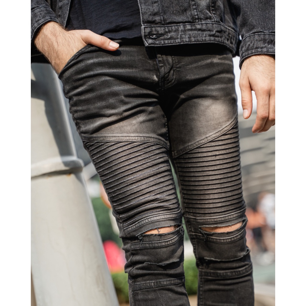 Weird Jeans  - Biker Dush Black - Celana Jeans Pria Sobek Skinny Slimfit Jeans