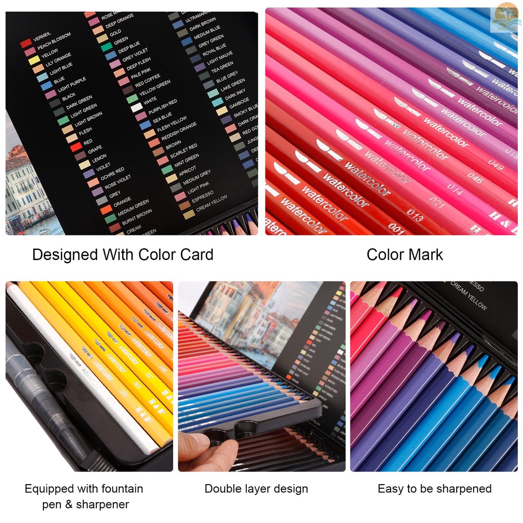 In Stock H&amp;B 72profesional Pensil Pewarna Air Seni Kit Set Pensil Berwarna Larut Air Dengan 1 * Fountain Pen/ 1 * Pengasah Pensil Untuk Siswa Anak-Anak Dekorasi Pesta Rumah DIY