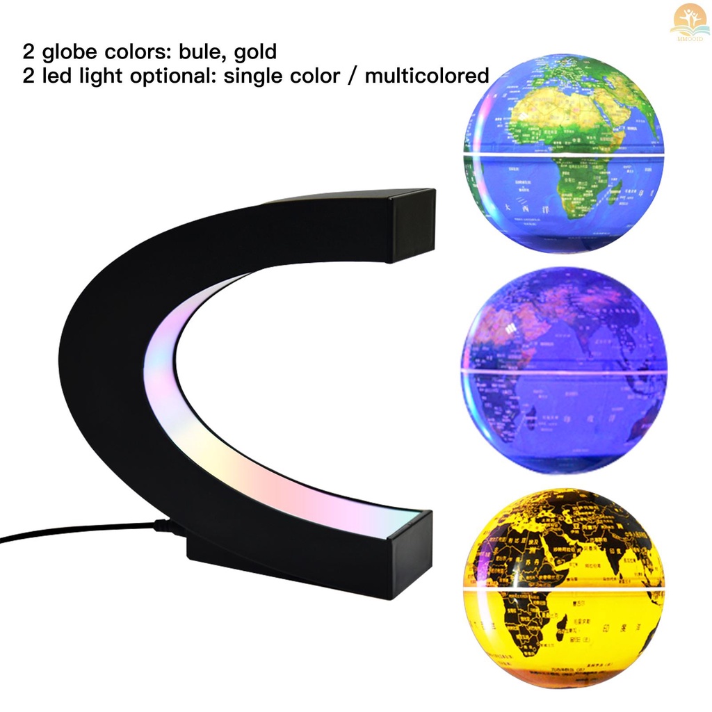 In Stock Bola Dunia Mengambang Dengan Lampu LED 3inci Levitation Magnetik Berputar Peta Dunia Dengan Cahaya Multicolor Bentuk C Dasar Kreatif Anti Gravitasi Globe Lampu Untuk Hadiah Anak Rumah Offi