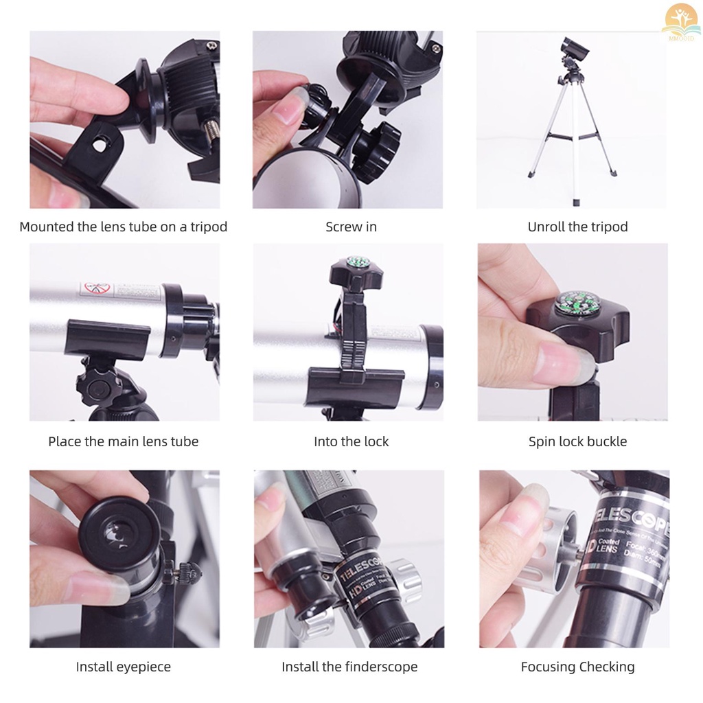 In Stock Teleskop Untuk Anak-Anak Dewasa Pemula 50mm Paduan Aperture Astronomi Refraktor Telescope 100mm Lensa Objektif Pembesaran 60x Dengan Adjustable Tripod Finder Scope Compass