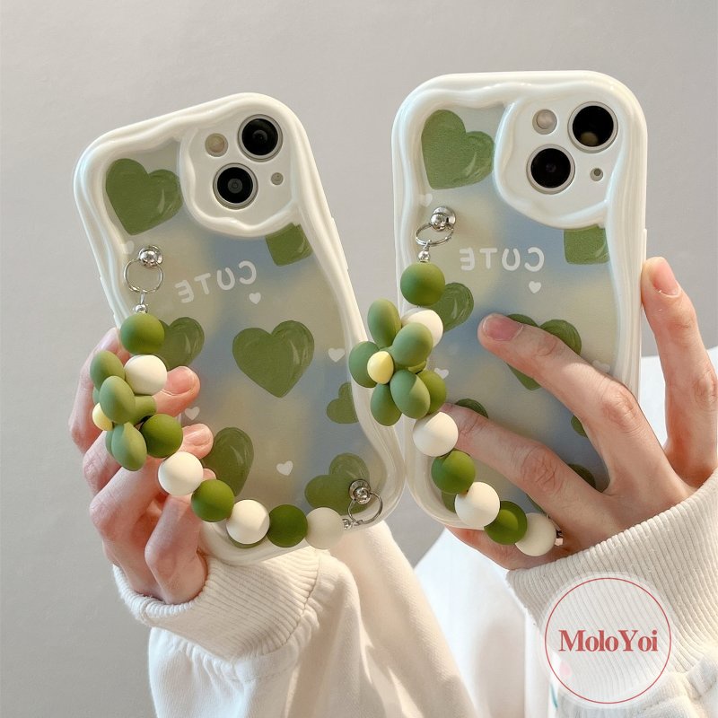 Oil Paint Green Love Heart Case Compatible For iPhone 7Plus XR XS X Max 11 13 12 14 Pro Max 6 7 8 6s Plus SE 2020 3D Wavy Curved Edge Bead Flower Hand Strap Bracelet Phone Cover