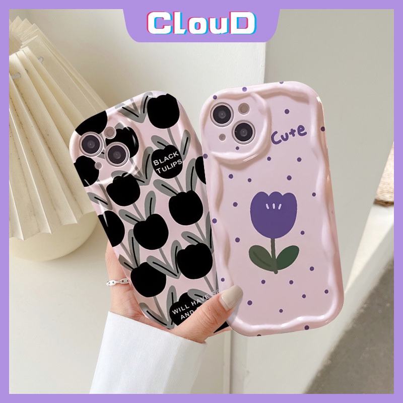 Casing Tahan Guncangan Tepi Melengkung Bergelombang 3D Untuk Infinix Hot11 10 20 30 9 8 12 Play Note12 G96 Smart 7 5 6 6Plus Hot8 9 30i 10Lite Vintage Black Tulip Retro Purple Little Dot Tulip Case