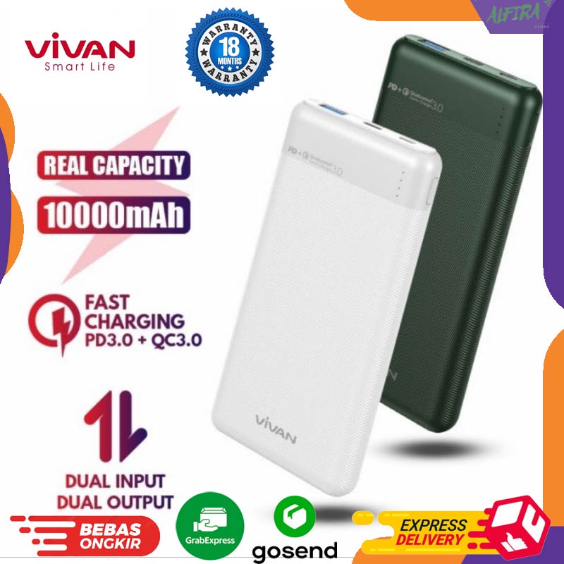 VIVAN PowerBank 10000mah VPB-M10 18W 3 Output Dual Input Port Type C Garansi Resmi 18 Bulan