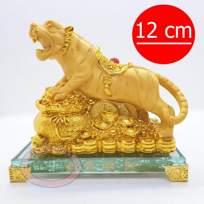 Patung Imlek Shio Macan Uang Emas Resin Kaca 12 Cm Harimau Pajangan Me
