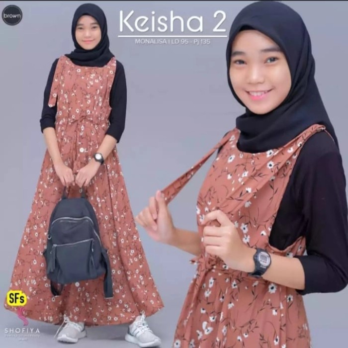 gamis overall anak perempuan tanggung/baju muslim kekinian - Cokelat