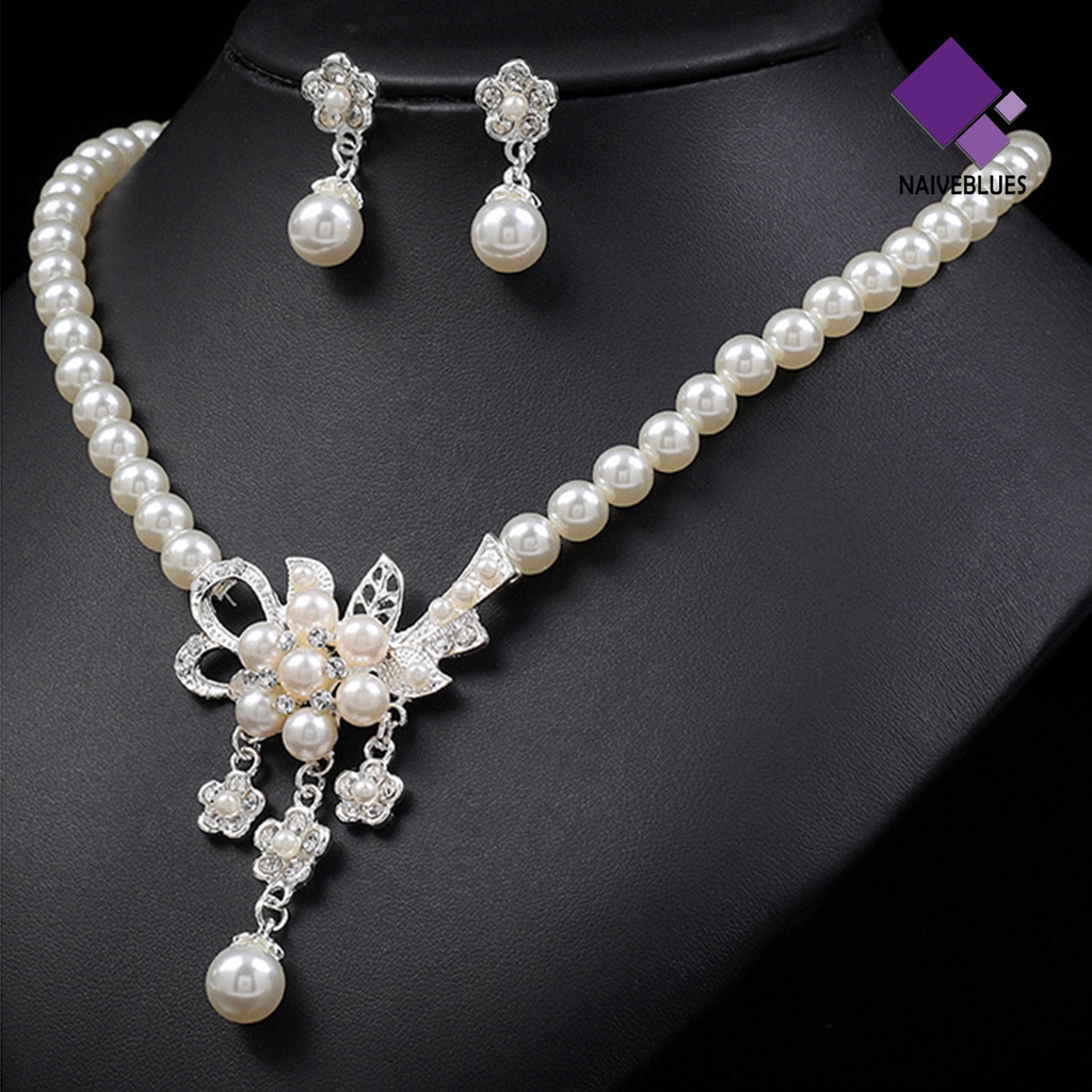 Naiveblue &gt; 1set Wanita Kalung Glossy Mutiara Imitasi Berlian Imitasi Bunga Pengantin Stud Earrings