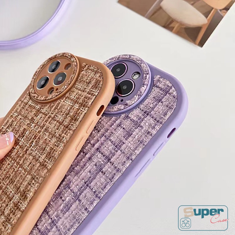 Casing Ponsel Sederhana Kompatibel Untuk iPhone Xr13 11 14 12 Pro Max7 14 8 Plus X XS Max SE 2020 Nuansa Kulit Tekstur Tenun Warna Macaron Shockproof Pelindung Lensa Bulat Soft Tpu Cover