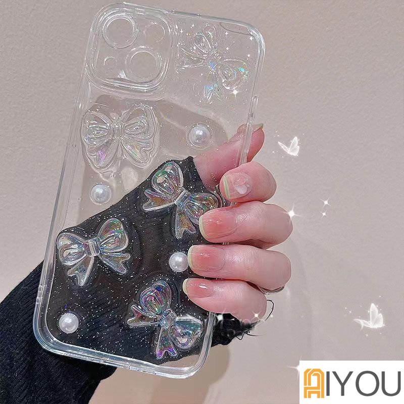 Soft Case 3D Laser Bow Glitter Bening Mewah Untuk iPhone 13 Pro Max12 11 Mini X XS XR 78 Plus SE 2020 Bling Transparan Cover