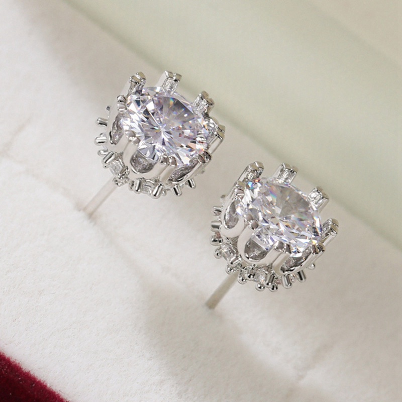 Wanita Bulat Kristal Solitaire Berlian Studs Halo Earrings