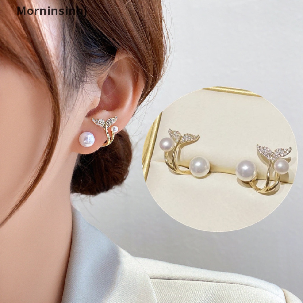 Mornin 1pasang Korea Imitasi Mutiara Bunga Stud Earrings Wanita Fashion Kristal Perhiasan Elegan Pesta Sehari-Hari Ikan Ekor Anting Dengan Mutiara Empat Cakar Telinga Baris Anting Hadiah id