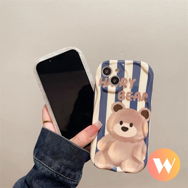 IPHONE Case Motif Garis Beruang Kartun Lucu Kompatibel Untuk Iphone11 Pro Max XR 6 7 8 6s Plus 14 13 12 Pro Max X 7Plus XS Max SE 2020 3D Wavy Curved Edge Airbag Glossy Shockproof Tpu Soft Cover