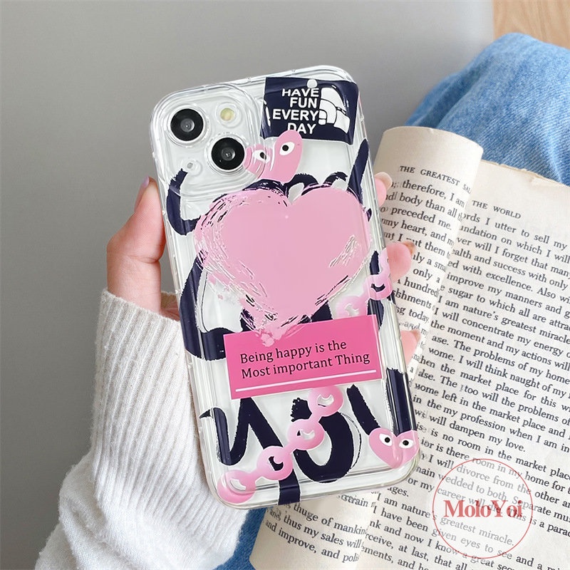 IPHONE Casing Ponsel Cinta Hati Graffiti Kartun Kompatibel Untuk Iphone11 13 14 12 Pro MAX XR 7Plus X XS MAX 6 7 8 6S Plus SE 2020 Airbag Shockproof Soft TPU Cover