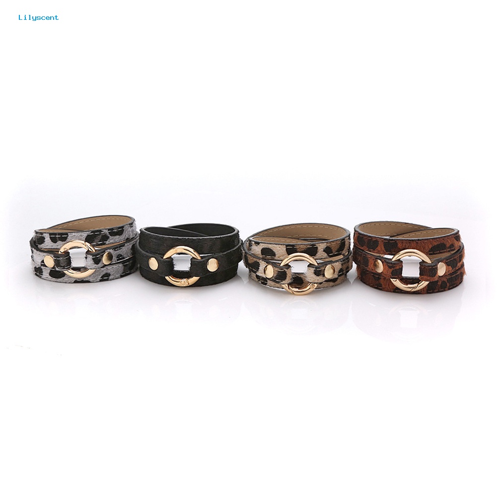 Lilyscent Wanita Multi-layer Berliku Leopard Cincin Panjang Kulit Imitasi Gelang Bangle Perhiasan