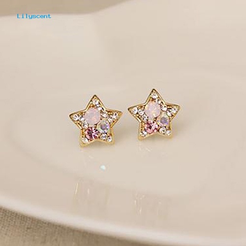 Lilyscent Fashion Wanita Elegan Berlian Imitasi Bentuk Bintang Ear Stud Earrings Perhiasan Pesta