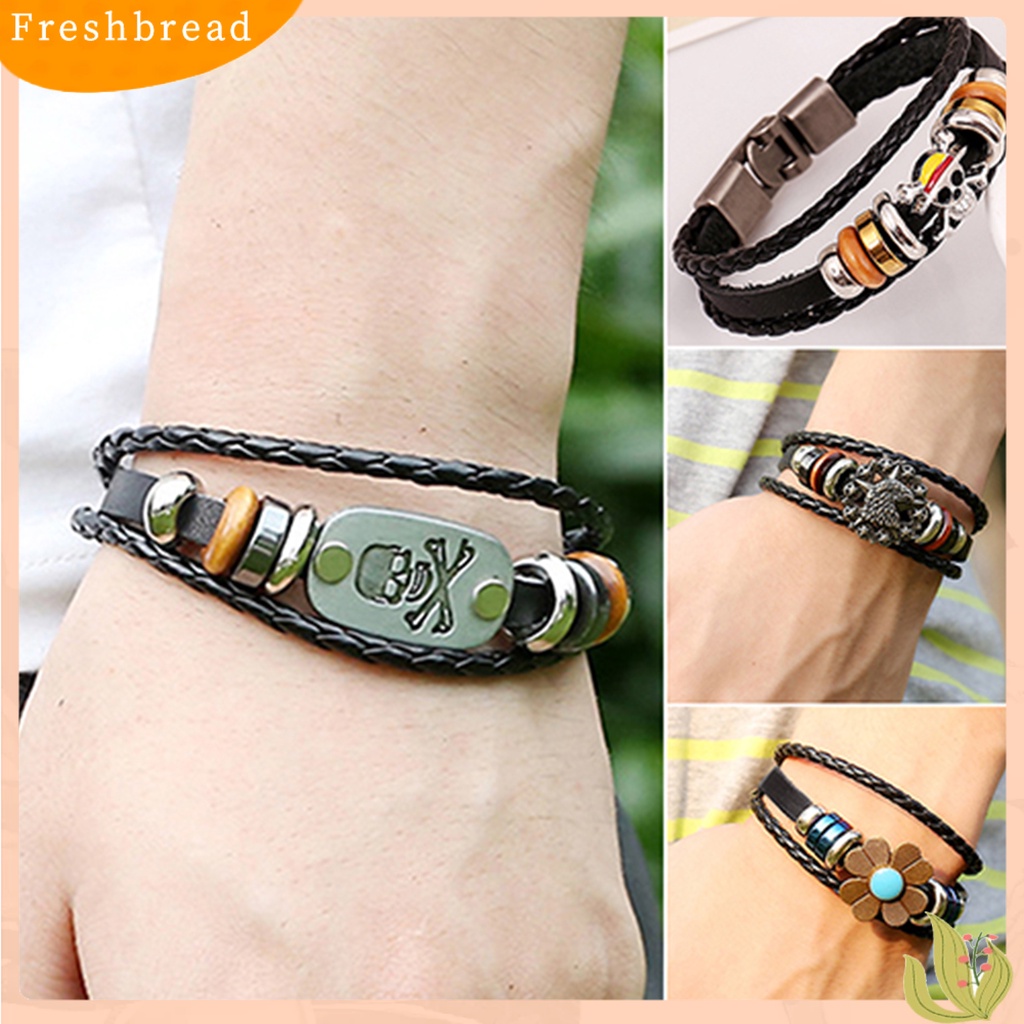 &lt; Freshbread &gt; Unisex Retro Punk Manik-Manik Bunga Kulit Imitasi Braided Multilayer Gelang Bangle Untuk Pakaian Sehari-Hari