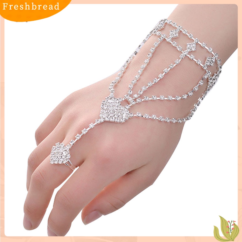 < Freshbread > Fashion Hati Busur Berlian Imitasi Sarung Tangan Gelang Tangan Rantai Belakang Jari Cincin Perhiasan