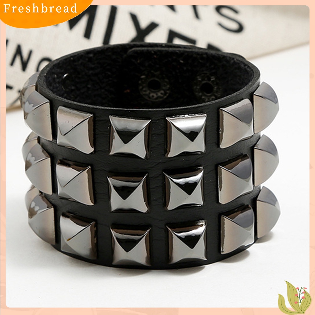 &lt; Freshbread &gt; Punk Pria Wanita Club Square Rivet Studded Wide Cuff Faux Leather Bangle Bracelet