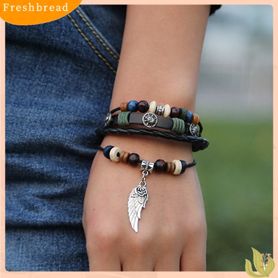 &lt; Freshbread &gt; Unisex Vintage Multilayer Faux Leather Wing Charm Wooden Beads Gelang Bangle