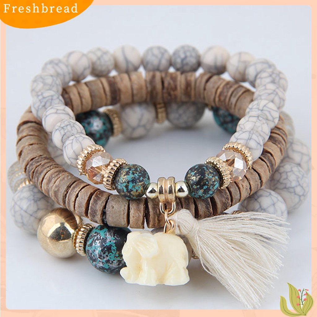 &lt; Freshbread &gt; 3Pcs/Set Tali Elastis Multilayer Resin Wanita Gelang Wanita Bohemia Gajah Rumbai Manik-Manik Gelang Perhiasan Aksesori