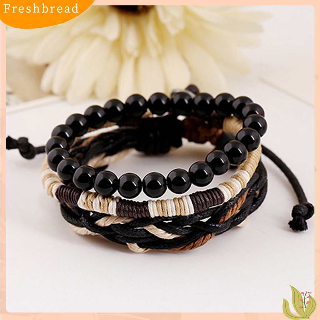 &lt; Freshbread &gt; 3Pcs Gelang Multilayer Fashion Aksesoris Manik-Manik Kayu Kulit Imitasi Bangle Lilin Tali Cuff Bracelets Untuk Pria